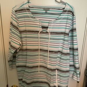 T by Talbots Teal and Black Striped Top with from pocket pouch